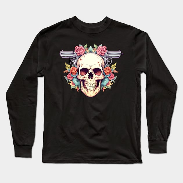 skull with guns Long Sleeve T-Shirt by One Eyed Cat Design